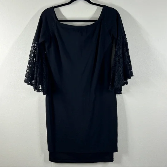 BAR III Women’s Size L Black Midi Dress Lace Bell Sleeves - Picture 1 of 7